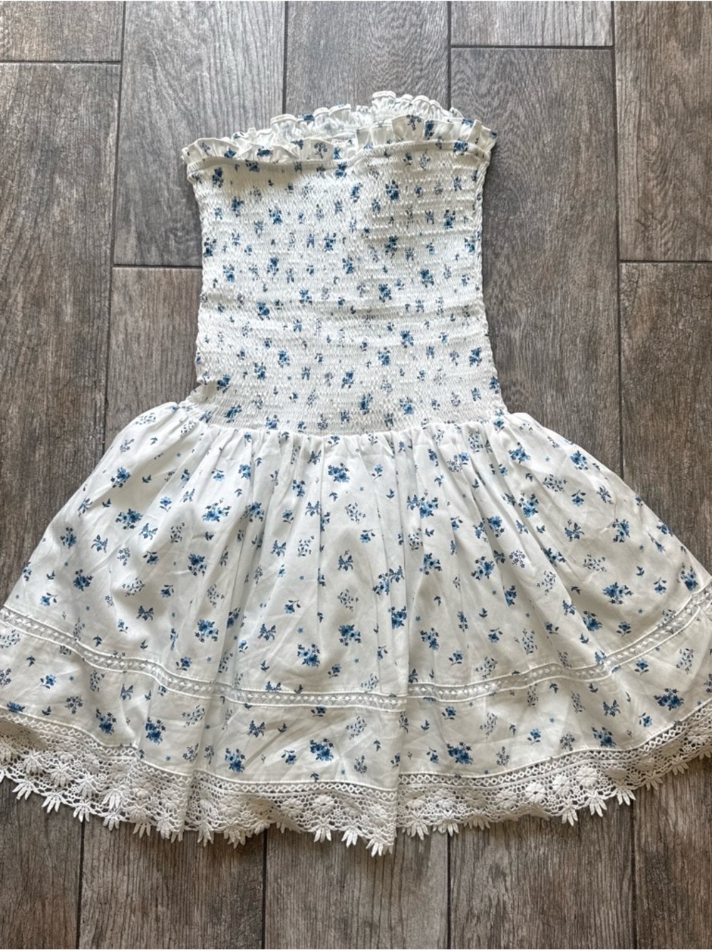 White Floral Smocked Summer Dress with Blue Print